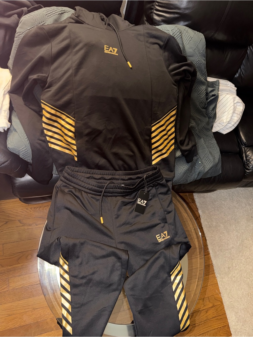Emporio Armani EA7 Black Athletic Shorts with Gold Stripe Detailing